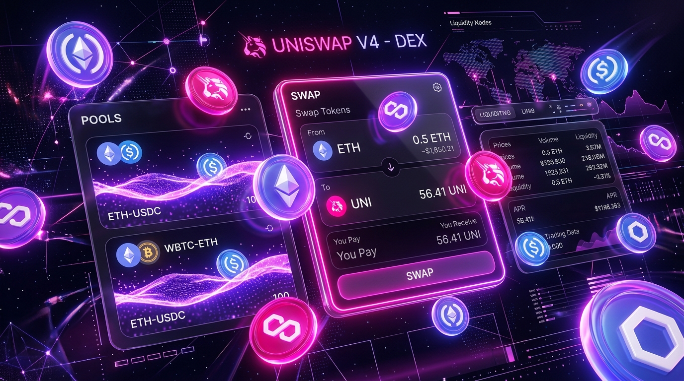 Uniswap decentralized exchange interface showing token swap and liquidity pools